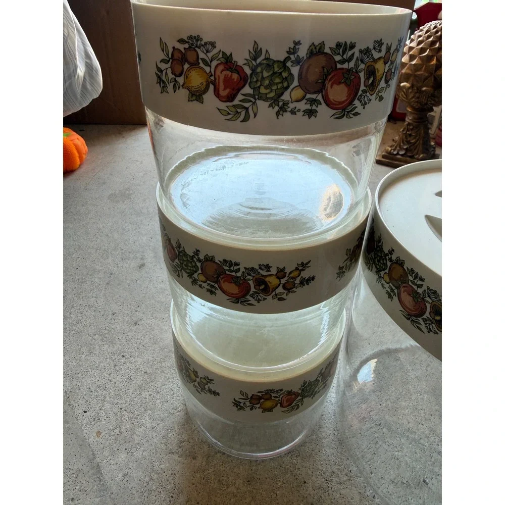 Vintage Pyrex Spice of Life Glass Canister Set 4 Piece White Lids Vegetable Herb